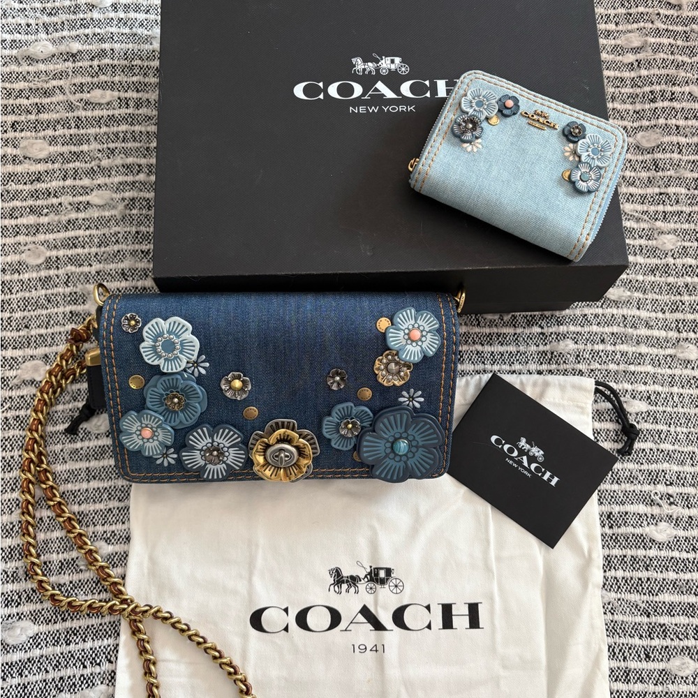 RARE Coach Dinky With Rose Denim Crossbody and Wallet EUC